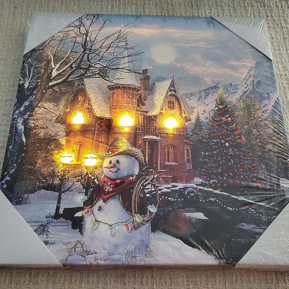 Winter Scene Canvas Picture ~ Lighted House with Snowman ~ Winter Holiday - Picture 2 of 4